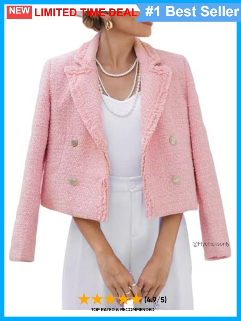 Cropped Tweed Blazer Fringe Trim Double Breasted Business Casual